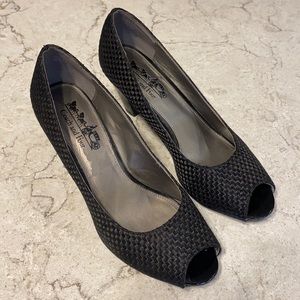 COACH AND FOUR Weaved Fabric Block Peep Toe Heels Sz 8